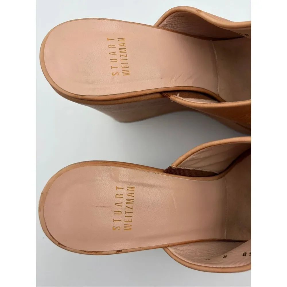 Stuart Weitzman Leather Platform Wedge Slide Sandals Tan Size 8 - Picture 9 of 12